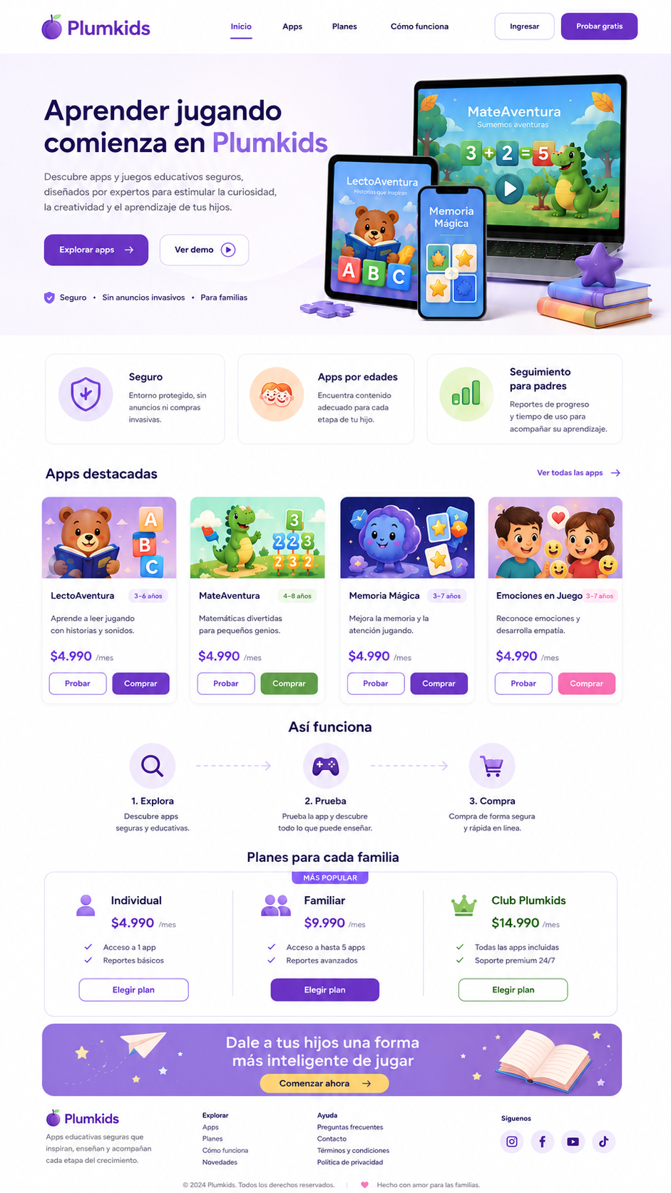 Página principal de Plumkids con apps educativas para niños, planes familiares y navegación.